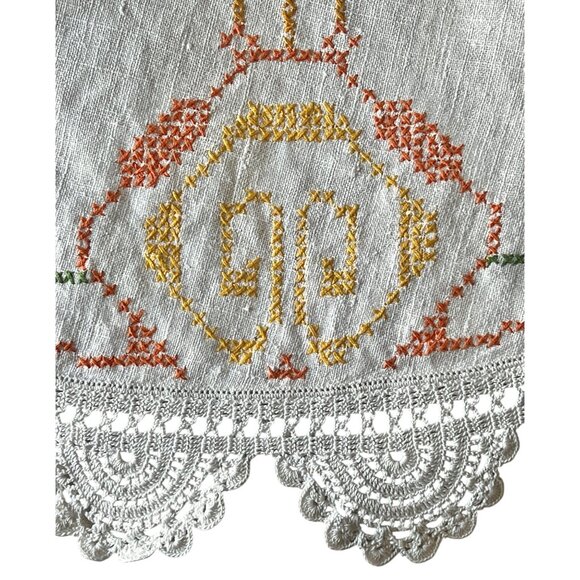 Round Embroidered Tablecloth Cross-Stitch Crocheted Scalloped Edges 38.5 Dia VTG - Picture 4 of 10